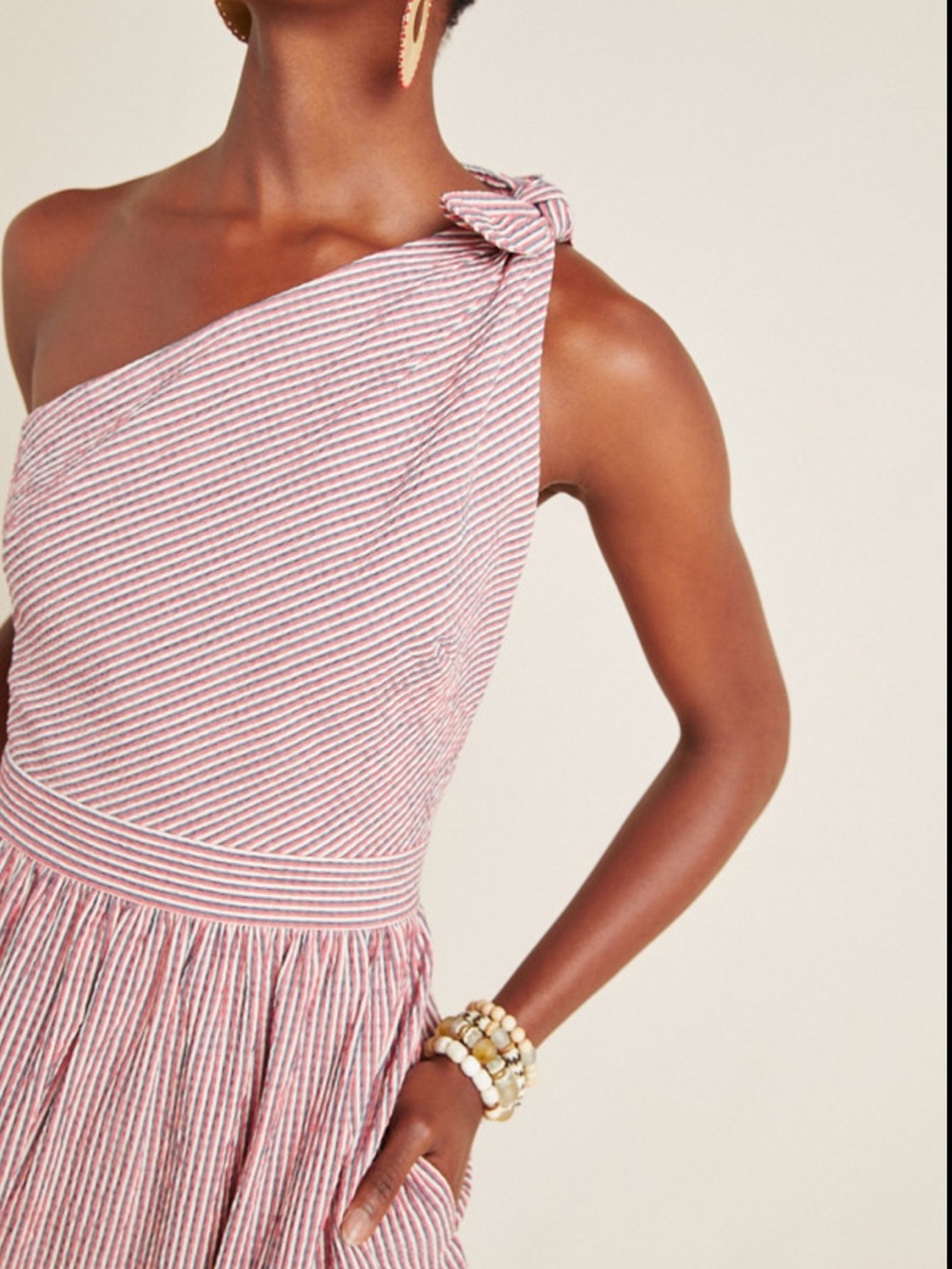 NWOT LOFT One-Shoulder seersucker Pink & White Striped Knot-Shoulder Dress  8
